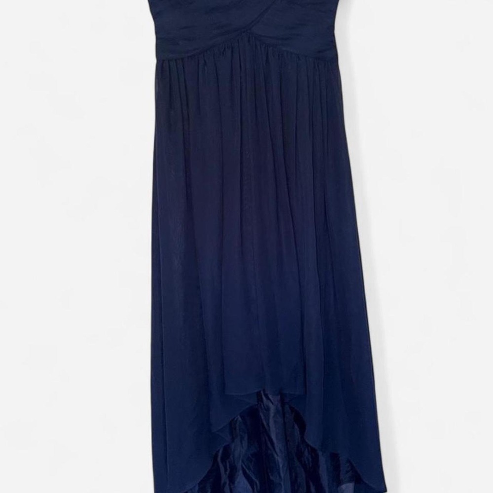 JS Boutique navy strapless high-low chiffon gown y2k